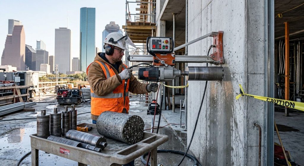 Concrete coring contractor drilling a horizontal hole through a concrete wall on a Houston TX job site with downtown skyline visible