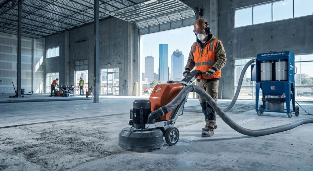Concrete grinding contractor operating a floor grinder with dust collection on a Houston TX commercial job site