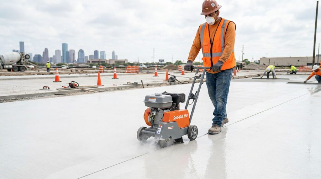 Green concrete cutting contractor sawing control joints in a freshly poured concrete slab on a Houston TX job site