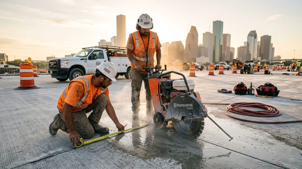 Flat concrete sawing contractor cutting through a concrete slab on a Houston TX job site with downtown skyline in background