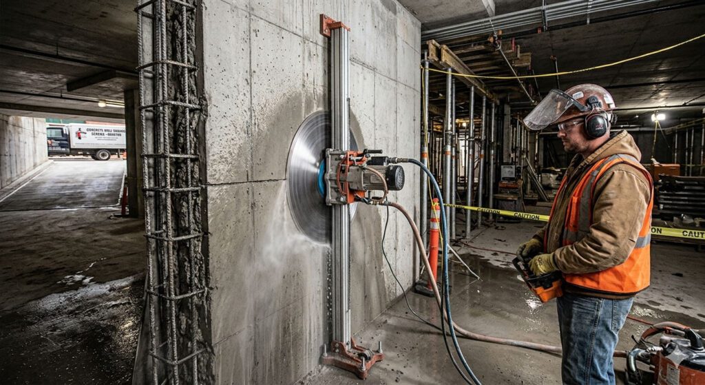 Wall sawing contractor cutting a concrete wall on a Houston TX job site