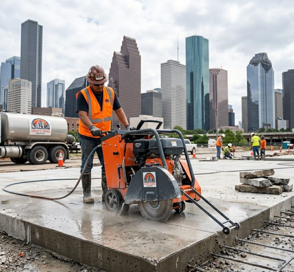 Flat concrete sawing contractor cutting through a concrete slab on a Houston TX job site with downtown skyline in background