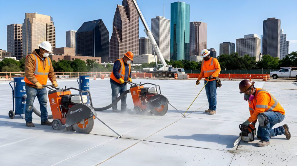 Concrete sawing Houston - workers cutting concrete slab with flat saw downtown Houston Texas